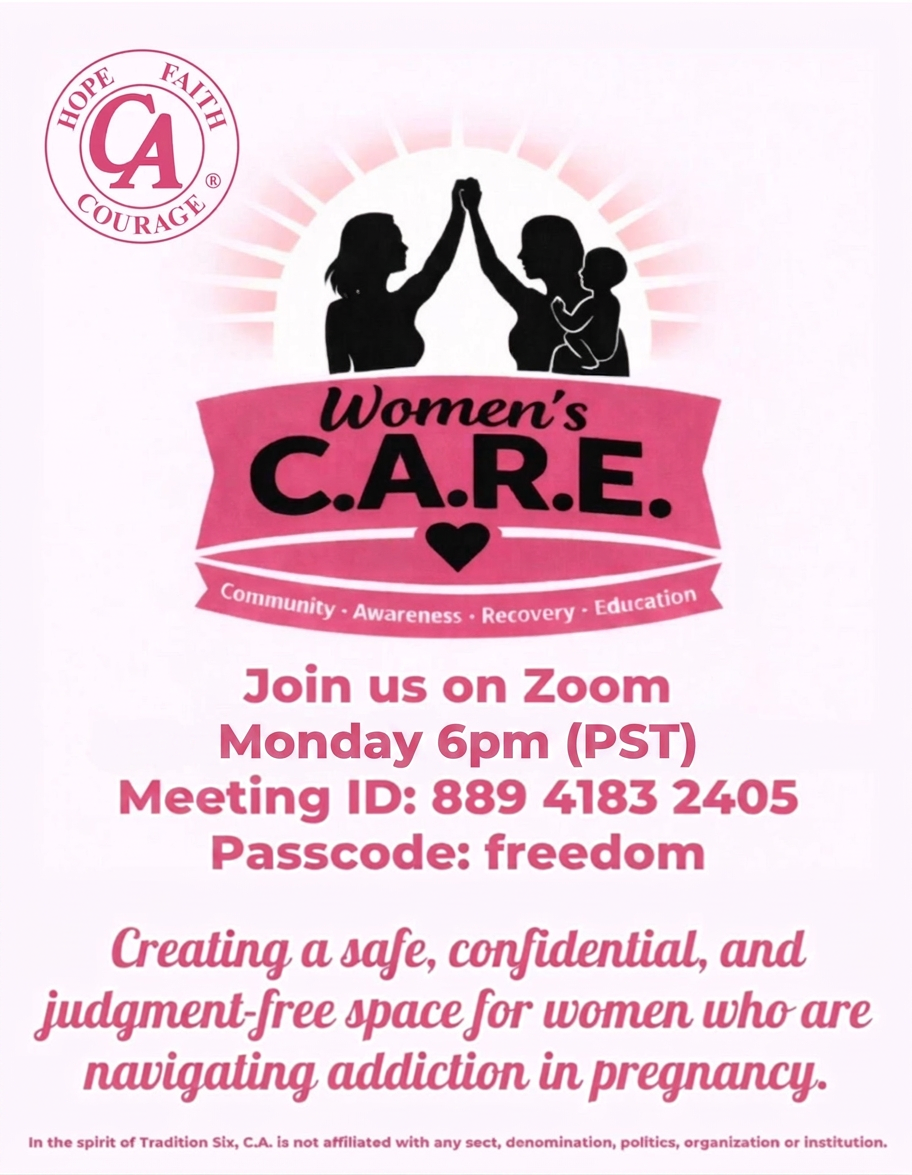 Women's C.A.R.E. flyer — Join us on Zoom every Monday at 9pm EST